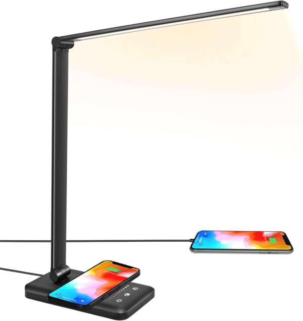Desk Lamp with Wireless Charger, USB Charging Port, 10 Brightness, 5 Color Modes, Desk Lamps for Home Office, Dimmable Table Lamp Eye Caring Reading Light, Touch Control, Auto Timer, Black