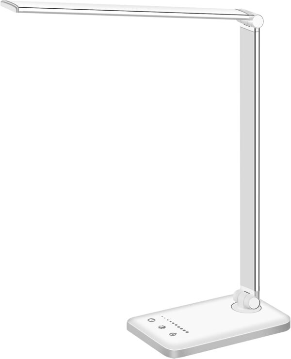 White crown  Desk Lamp Dimmable Table Lamp Reading Lamp with USB Charging Port, 5 Lighting Modes, Sensitive Control, 30/60 Minutes Timer (White, First-Generation)
