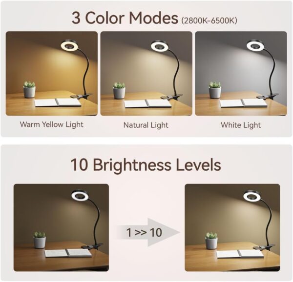 Desk Lamp Clip on Light with 3 Color Modes 10 Brightness Ring/Clamp Light 360° Flexible Gooseneck Dimmable Eye Protection Desk Light Desk Lamps for Home Office with Video Tutorials - Image 2