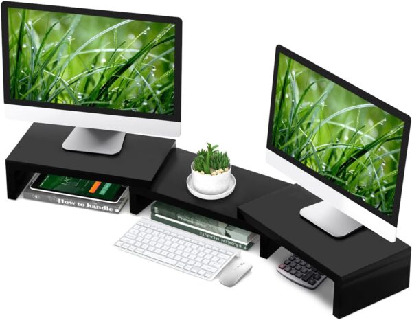 Dual Monitor Stand Riser Office Desktop Organizer Stand for 2 Monitors, Adjustable Length and Angle 3 Shelf, Extra Long Multifunctional Stand up to 43.3" fit , Laptop, TV, Black