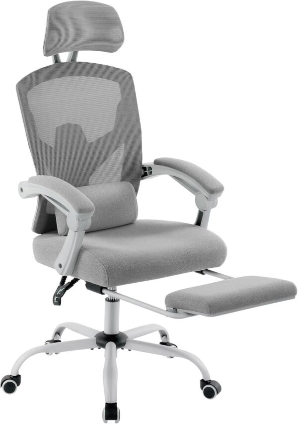 Home   Chair with Footrest, High-Back Mesh Rolling Swivel Reclining Chairs with Wheels, Comfortable Headrest, Lumbar Support, Comfy Arms for Home, , Gaming, Student, Grey