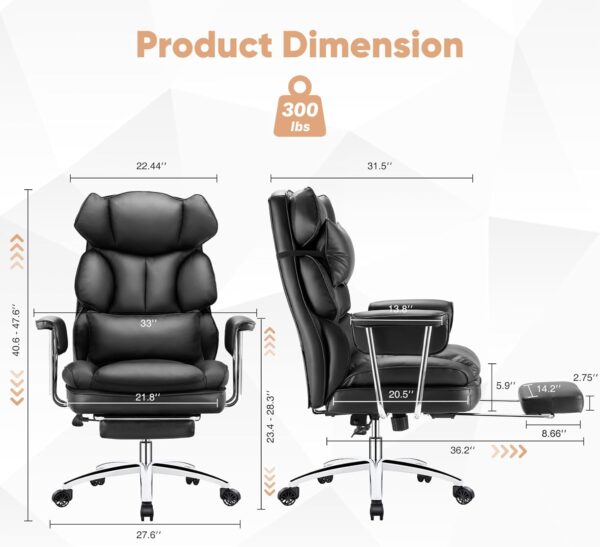 Executive Home   Chair - Ergonomic Big Tall High Back with Footrest & Lumbar Support, Reclining Height Adjustable, Comfy  Leather  Gaming with Swivel Wheels, Black - Image 2