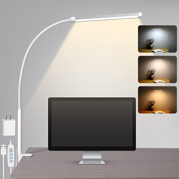 Desk Lamp with Clamp, Eye-Caring Clip on Lights for Home Office, 3 Modes 10 Brightness, Long Flexible Gooseneck, Metal, Swing Arm Architect Task Table Lamps with USB Adapter, White
