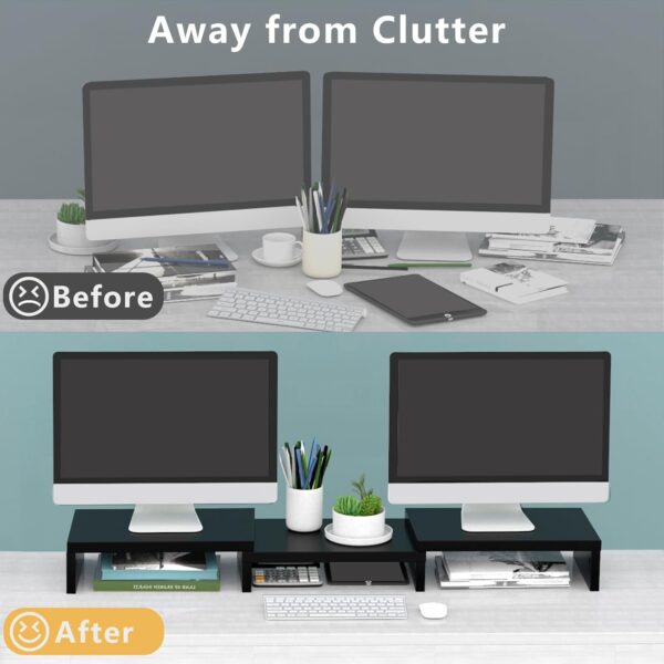 Dual Monitor Stand Riser Office Desktop Organizer Stand for 2 Monitors, Adjustable Length and Angle 3 Shelf, Extra Long Multifunctional Stand up to 43.3" fit , Laptop, TV, Black - Image 2