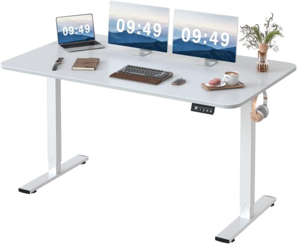 Electric Height Adjustable Standing Desk Large 55 x 24 Inches Sit Stand up Desk Home Office  Desk Memory Preset with T-Shaped Metal Bracket, White