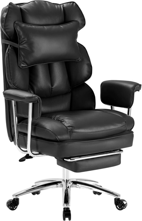 Executive Home   Chair - Ergonomic Big Tall High Back with Footrest & Lumbar Support, Reclining Height Adjustable, Comfy  Leather  Gaming with Swivel Wheels, Black