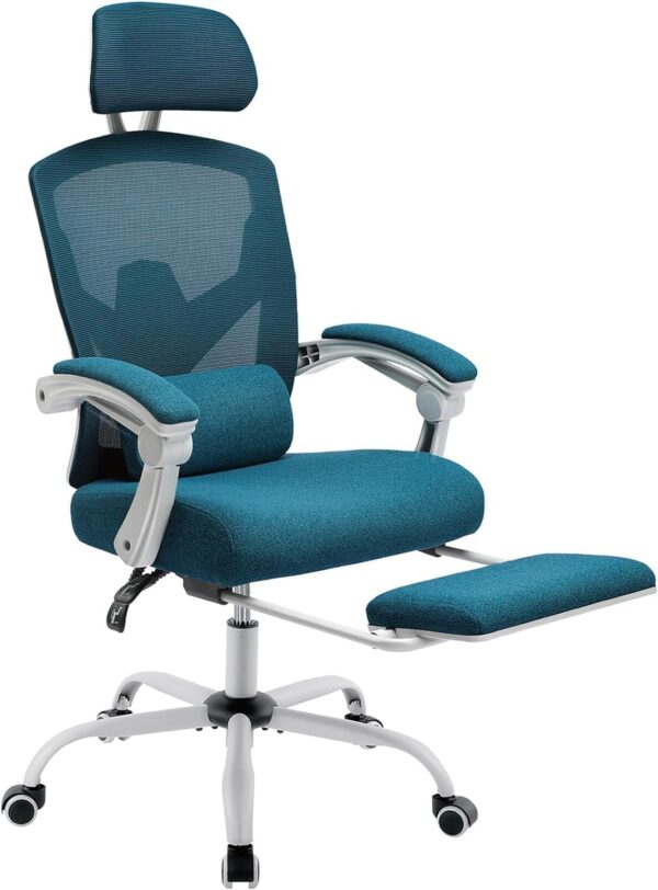 Home   Chair with Footrest, High-Back Mesh Rolling Swivel Reclining Chairs with Wheels, Comfortable Headrest, Lumbar Support, Comfy Arms for Home, , Gaming, Student, Blue