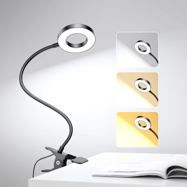 Desk Lamp Clip on Light with 3 Color Modes 10 Brightness Ring/Clamp Light 360° Flexible Gooseneck Dimmable Eye Protection Desk Light Desk Lamps for Home Office with Video Tutorials