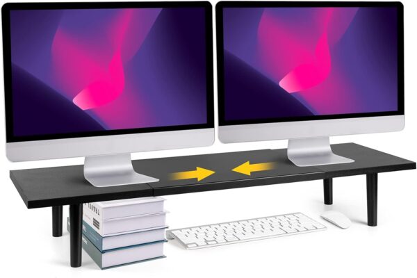 Dual-Monitor-Stand-Riser-For-Desk Adjustable Length 32-40 Inch，Large Desktop  Monitor Riser For 2 Screens，Desk Shelf Organizer Riser Stand For /Laptop//Printer/TV Black