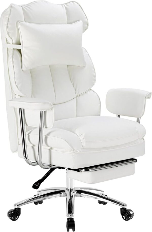Executive Home   Chair - Ergonomic Big Tall High Back with Footrest & Lumbar Support, Reclining Height Adjustable, Comfy  Leather  Gaming with Swivel Wheels, White