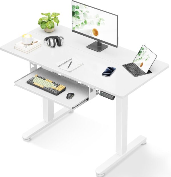 Electric Standing Desk with Keyboard Tray, 40 Inch Height Adjustable Small Table, Sit Stand Table, Writing  Desk for Home, Office, Workstation, White