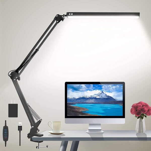 Desk Lamp for Home,Office,Reading,Adjustable Eye-Caring Desk Light with Clamp,Swing Arm Lamp Includes 3 Color Modes,10 Brightness Levels Table Lamps with Memory Function