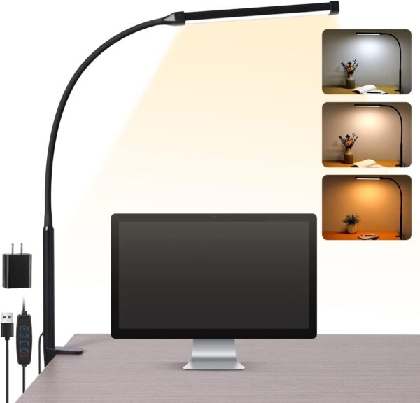 Desk Lamp with Clamp, Eye-Caring Clip on Lights for Home Office, 3 Modes 10 Brightness, Long Flexible Gooseneck, Metal, Swing Arm Architect Task Table Lamps with USB Adapter, Black