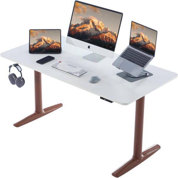 Electric Standing , Height Adjustable  with Round Tube Legs, 48 x 24 Inches Memory Sit Stand up , Home  Workstation (White top + Brown Leg)