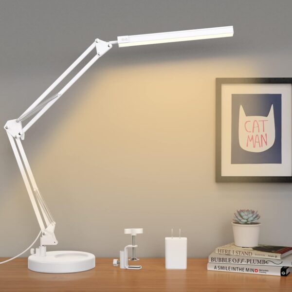 Desk Lamp with Clamp and Round Base,Eye Caring Table Lamp with Swing Arm,3 Color Modes 10 Brightness Levels,Memory Function,Desk Light for Home Office with USB Adapter White-14W