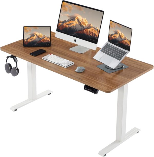 Electric Standing , Height Adjustable  with 4 Memory Settings, 55 x 28 Inches, Home  Workstation (Light Walnut top + White Frame)