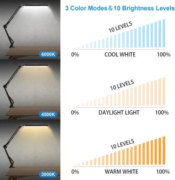 Desk Lamp for Home,Office,Reading,Adjustable Eye-Caring Desk Light with Clamp,Swing Arm Lamp Includes 3 Color Modes,10 Brightness Levels Table Lamps with Memory Function - Image 2