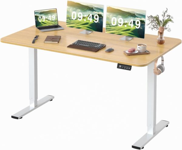 Electric Height Adjustable Standing Desk Large 55 x 24 Inches Sit Stand up Desk Home Office  Desk Memory Preset with T-Shaped Metal Bracket, Light Wood
