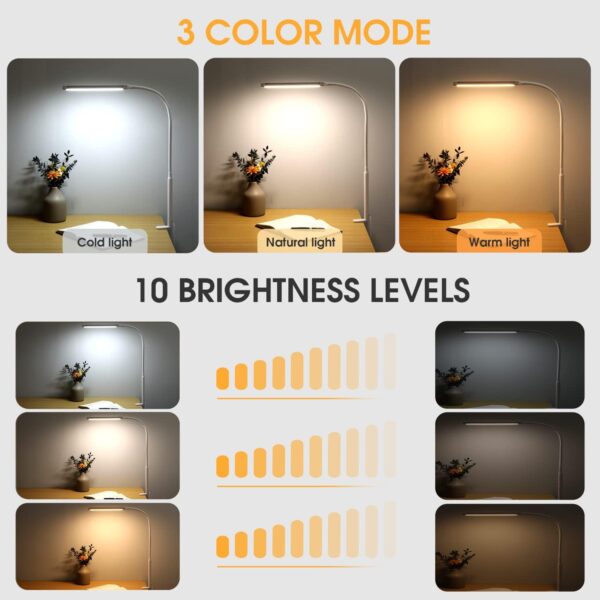 Desk Lamp with Clamp, Eye-Caring Clip on Lights for Home Office, 3 Modes 10 Brightness, Long Flexible Gooseneck, Metal, Swing Arm Architect Task Table Lamps with USB Adapter, White - Image 2