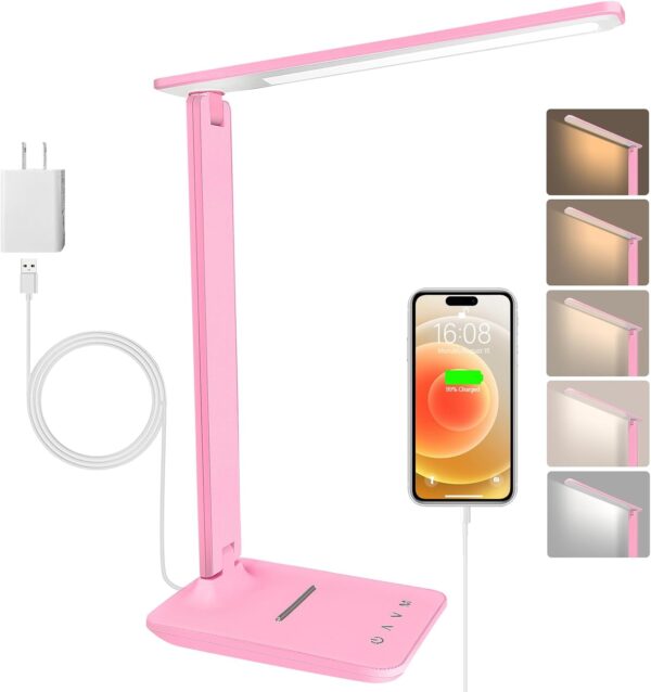 White crown  Desk Lamp Dimmable Table Lamp Reading Lamp with USB Charging Port, 5 Lighting Modes, Sensitive Control, 30/60 Minutes Timer (Pink, First-Generation)