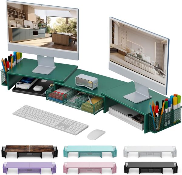 Dual Monitor Stand Riser, Desk Organizer With Drawer and 2 Pen Holders, Monitor Stand for Desk, Office Decor Essentials (Green)