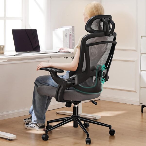 Ergonomic Mesh  Chair, High Back with 2D Headrest, Up&Down Lumbar Support, Swivel  Task  Chairs with Adjustable Flip-up Armrests,Grey - Image 2