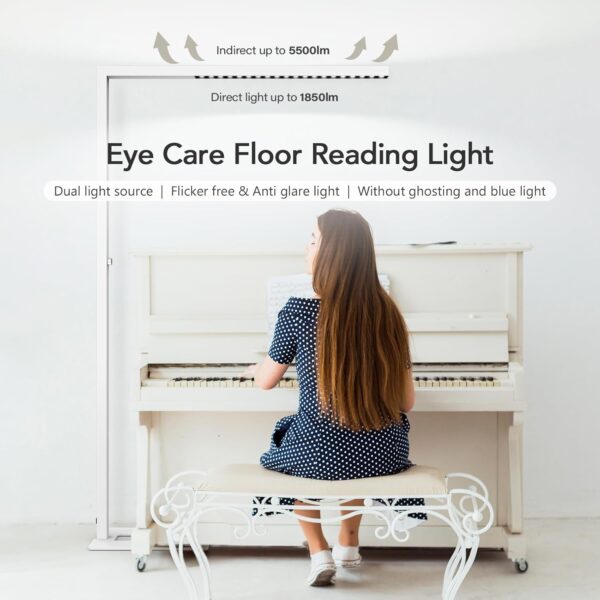77"  Floor Lamp for Office, 7350LM Dimmable Eye-Care Standing Piano Lamp,70W Tall Reading Light, 4000K Bright Lighting for Living Room - White - Image 2