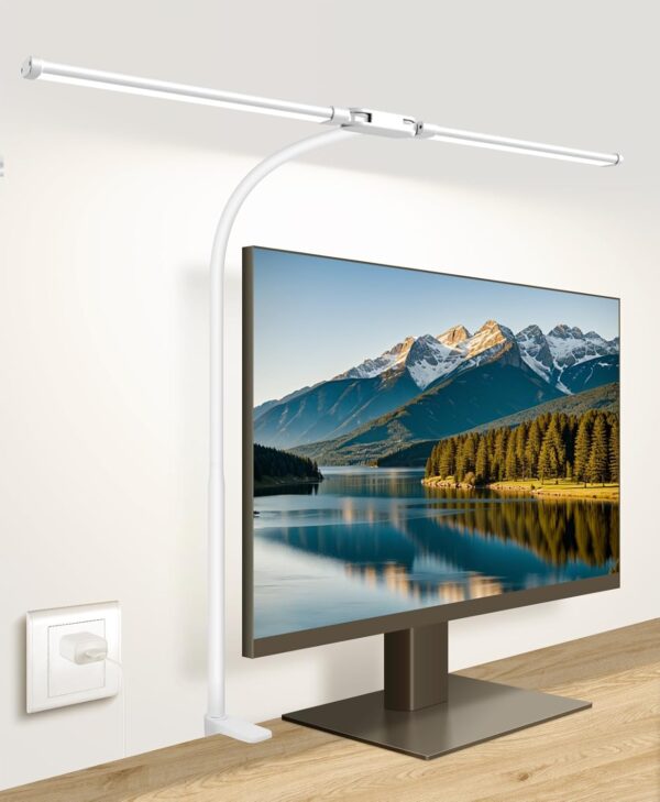 Desk Lamp with Clamp, with 5V 2A Adapter,  Desk Lamp with Dual Head, 50 Light Modes,  Monitor Flexible Gooseneck Lamp, Eye Protection Desk Lamps for Study, Office, Crafts, Draw(White)