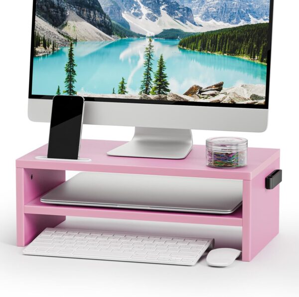 Monitor Stand Riser, 16.5 Inch 2 Tier  Printer Shelf Stand for Laptop  Screen Storage, Desktop Stand with Phone Holder and Cable Management (Pink)