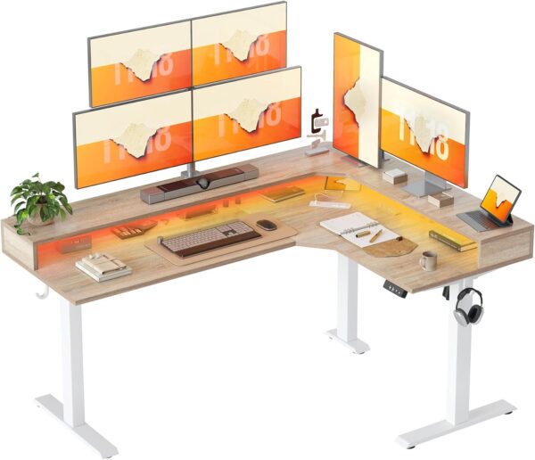 63'' L-Shaped Standing Desk with  Light Strip and Power Outlet, Height Adjustable Corner Table with Ergonomic Monitor Stand, Maple