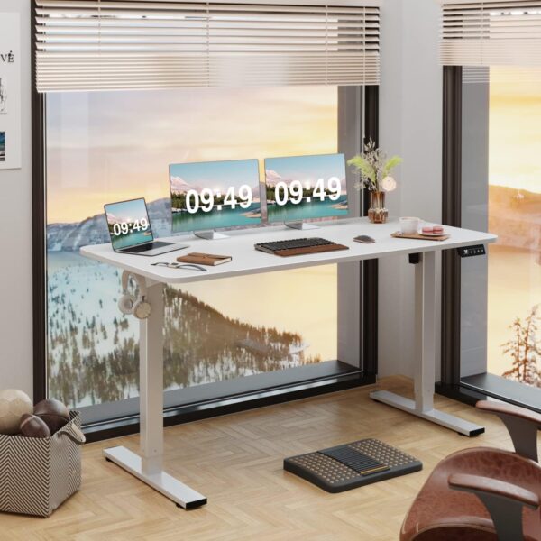 Electric Height Adjustable Standing Desk Large 55 x 24 Inches Sit Stand up Desk Home Office  Desk Memory Preset with T-Shaped Metal Bracket, White - Image 2