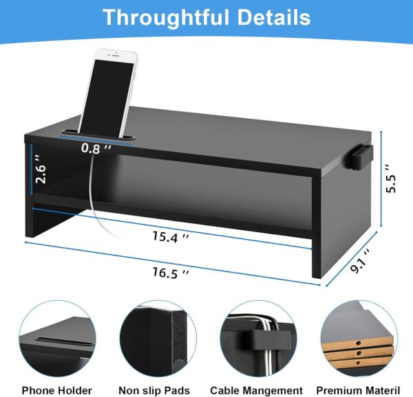 Monitor Stand Riser, 16.5 Inch 2 Tier  Printer Shelf Stand for Laptop  Screen Storage, Desktop Stand with Phone Holder and Cable Management Black - Image 2