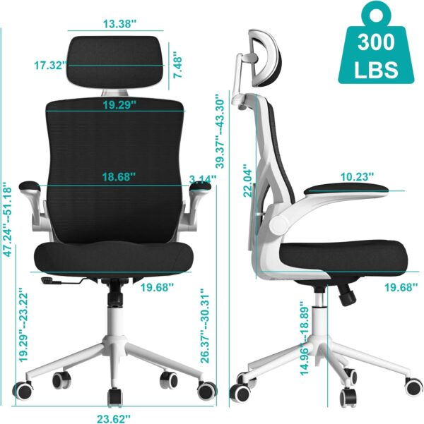 Ergonomic  Chair, High Back Mesh  Chair with Molded Foam Cushion, Adjustable Headrest, Lumbar Support, Lock Function (White & Black) - Image 2