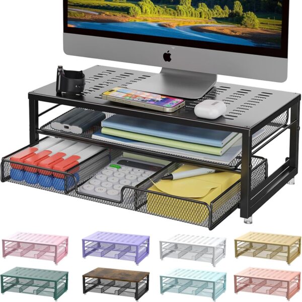 Monitor Stand Riser, Desk Organizers and Accessories with Drawer, Office Desk Accessories & Workspace Desktop Organizers Storage for Classroom Office Supplies (Black)