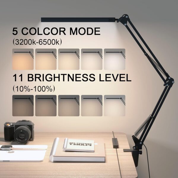 Desk Lamp for Home Office and Round Base, Clamp-On with 5 Light Modes & Auto Shut Off | 14W Adjustable Brightness 5000K Eye-Caring Lighting for Study/Bedroom/Comter Desk - Image 2