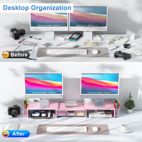 Dual Monitor Stand Riser, Desk Organizer With Drawer and 2 Pen Holders,Desk Organizers and Accessories, Pink Office Supplies (Pink) - Image 2