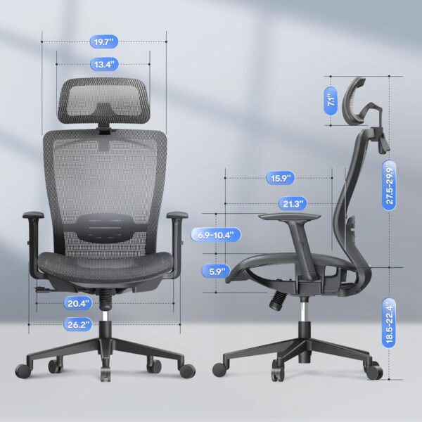 Ergonomic  Chair, High Back Mesh Swivel  Chair, Executive   Chairs, with Adjustable Lumbar Support/2D Headrest/Lockable Backrest,  Mesh Seat, Gray - Image 2
