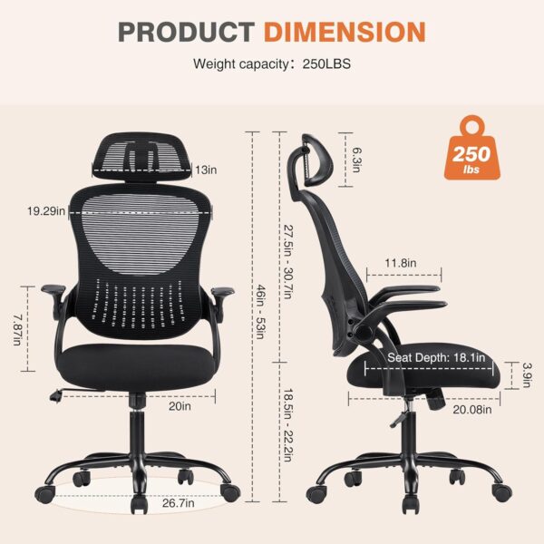 Office Comter Desk Chair, Ergonomic High-Back Mesh Rolling Work Chairs with Wheels and Adjustable Headrests, Comfortable Lumbar Support, Comfy Flip-up Arms for Home,Bedroom,Study, Black - Image 2