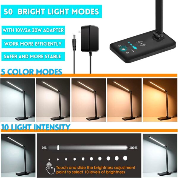 Desk Lamp with Wireless Charger, USB Charging Port, 10 Brightness, 5 Color Modes, Desk Lamps for Home Office, Dimmable Table Lamp Eye Caring Reading Light, Touch Control, Auto Timer, Black - Image 2