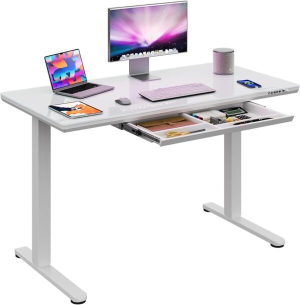 Standing Desk with Drawers, Whole-Piece Glass Adjustable Height Desk, 48 Inch Electric Stand Up Desk, Quick Install, White