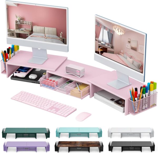 Dual Monitor Stand Riser, Desk Organizer With Drawer and 2 Pen Holders,Desk Organizers and Accessories, Pink Office Supplies (Pink)