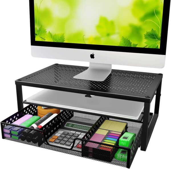 Simple Trending Metal Monitor Stand Riser and  Desk Organizer with Drawer for Laptop, , , Black