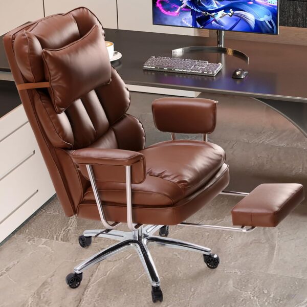 Executive Home   Chair - Ergonomic Big Tall High Back with Footrest & Lumbar Support, Reclining Height Adjustable, Comfy  Leather  Gaming with Swivel Wheels, Brown - Image 2