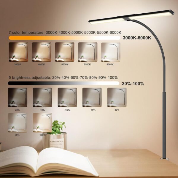 Double Head  desk lamp for Office Home,Desk Lamp with Fixture for Eye Protection，Clip on Light with Long Flexible Gooseneck,6 Color Modes, 9 Lighting Modes Dimmabl，Auto Setting，2 mode timer - Image 2