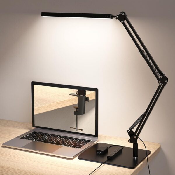 Desk Lamp for Home Office and Round Base, Clamp-On with 5 Light Modes & Auto Shut Off | 14W Adjustable Brightness 5000K Eye-Caring Lighting for Study/Bedroom/Comter Desk