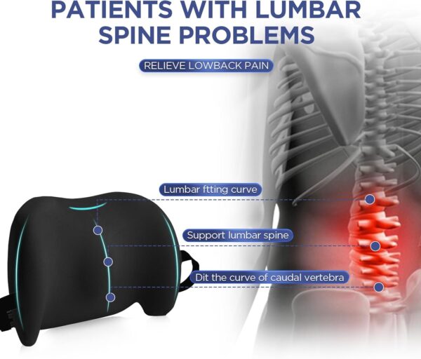 Lumbar Support Pillow for Office Chair, Car Lumbar Pillow Lower Back Pain Relief, Memory Foam Back Cushion with Adjustable Straps, Ergonomic Chair Back Pillow for Gaming Chair, Car, Bed (A-Black) - Image 2