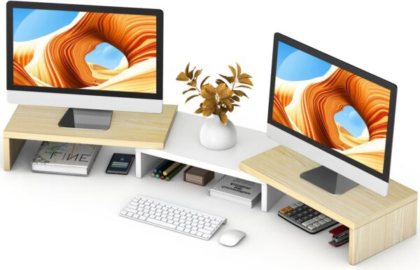 Dual Monitor Stand Riser,  Monitor Stands for 2 Monitors, Extra Long Multifunctional Desktop Organizer Riser for , Laptop, PC, Printer, TV, Max 48.2" Length, Oak