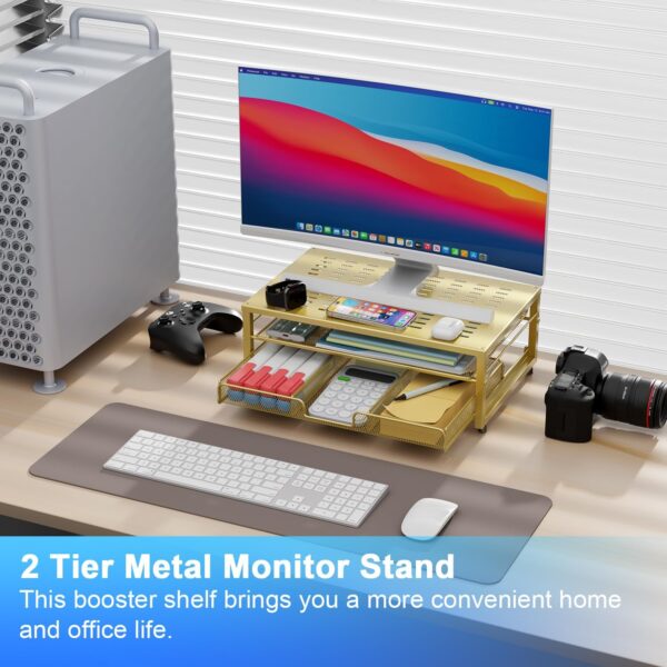 Monitor Stand Riser, office organizer with Drawer, Office Organizers Storage for Classroom Office Supplies (Gold) - Image 2