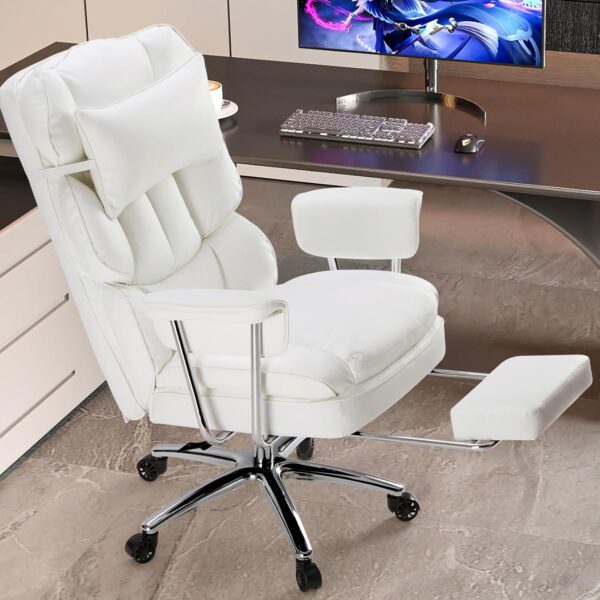Executive Home   Chair - Ergonomic Big Tall High Back with Footrest & Lumbar Support, Reclining Height Adjustable, Comfy  Leather  Gaming with Swivel Wheels, White - Image 2