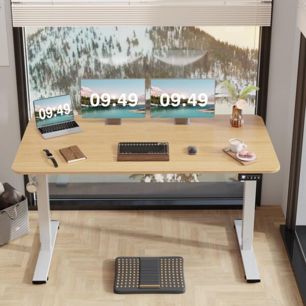 Electric Height Adjustable Standing Desk Large 55 x 24 Inches Sit Stand up Desk Home Office  Desk Memory Preset with T-Shaped Metal Bracket, Light Wood - Image 2